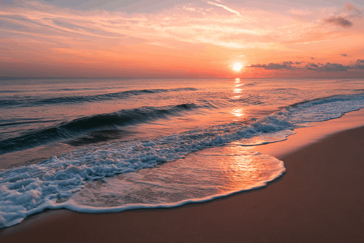 Empty beach at sunrise with calm water
