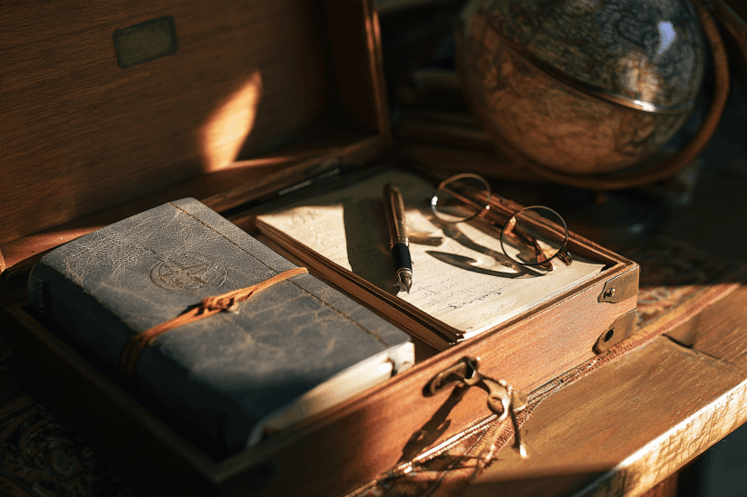 Open wooden box with travel notes